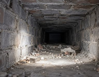 Строительный мусор и фрагменты кладки в доступном участке вентиляционного канала