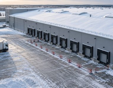 Заснеженная крыша логистического склада и ограждённая площадка перед погрузочными воротами