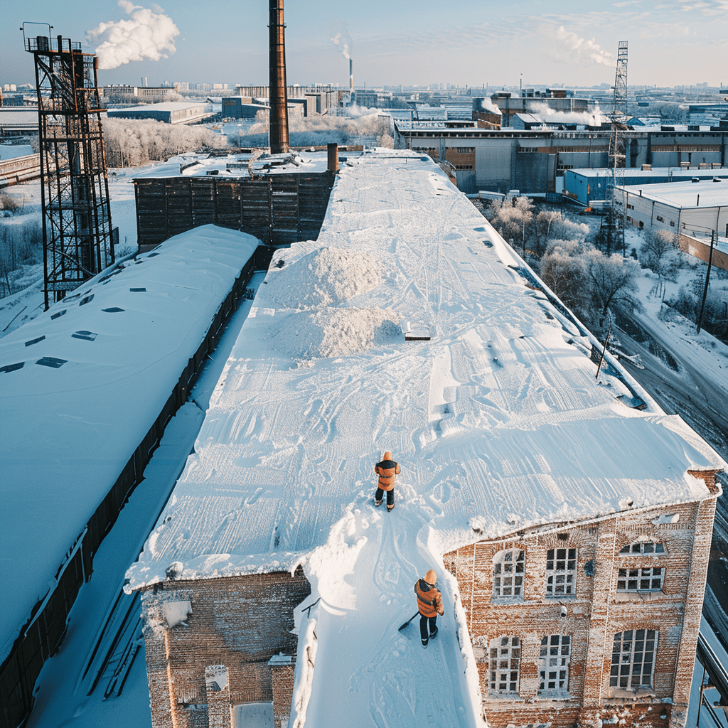 Очистка кровли от снега в индустриальной зоне 